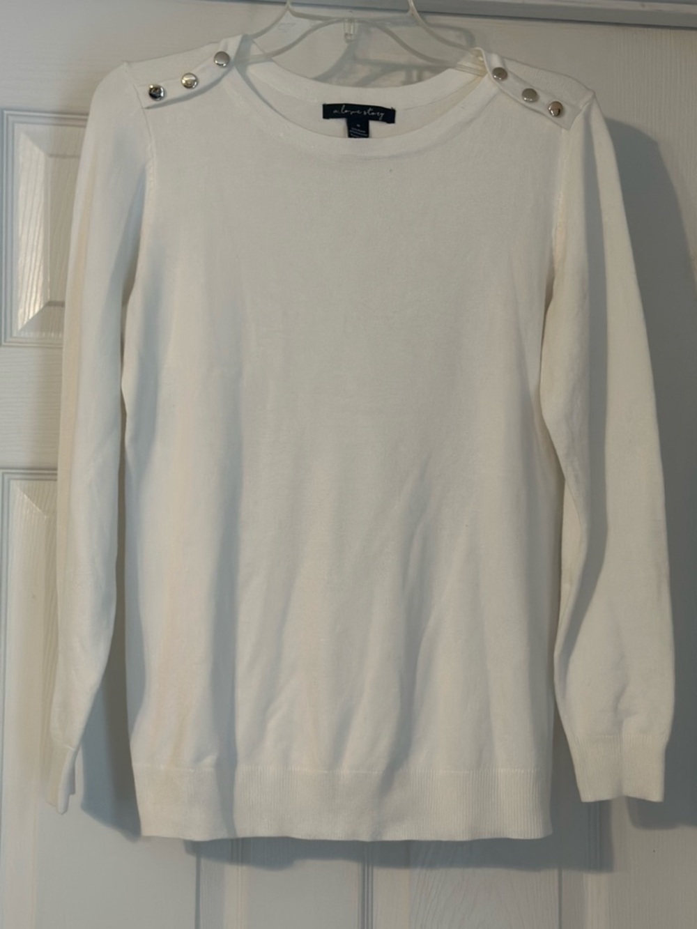 A Love Story White Crewneck Sweater with Shoulder Button Accents
